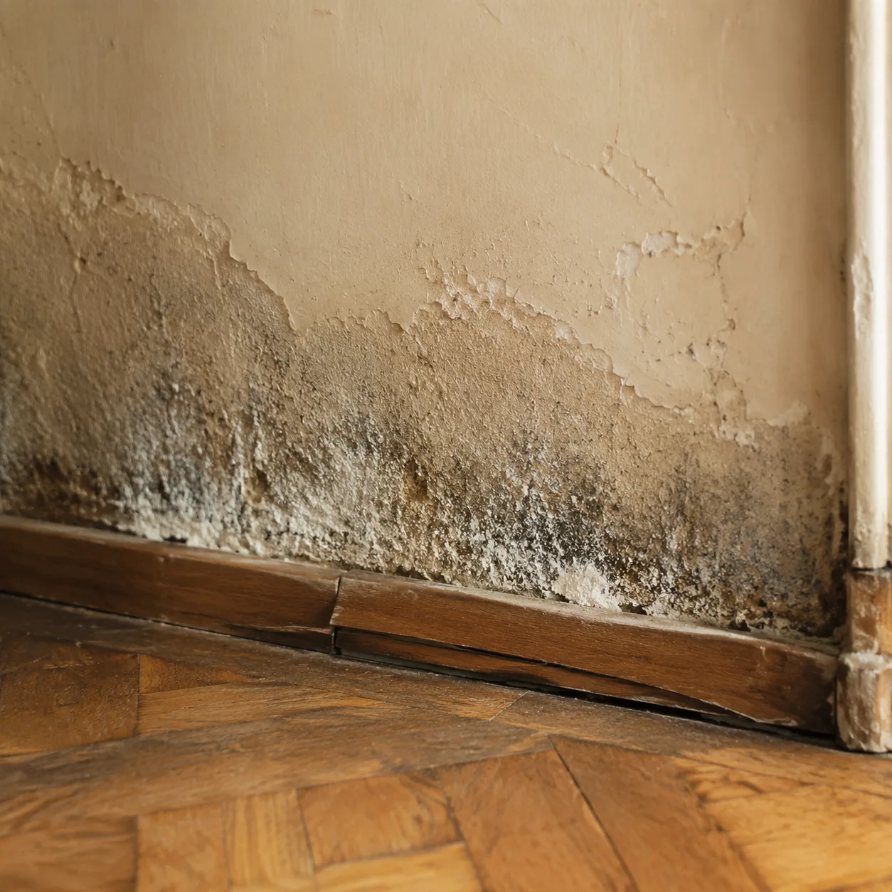 Bas d'un mur intérieur d'un appartement bruxellois marqué par l'humidité ascensionnelle : taches sombres remontant du sol, peinture cloquée, plinthe légèrement déformée