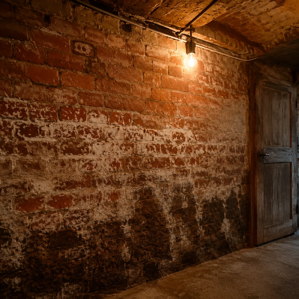 Cave bruxelloise en briques rouges avec auréoles d'humidité et salpêtre au bas du mur, lampe nue donnant une lumière chaude