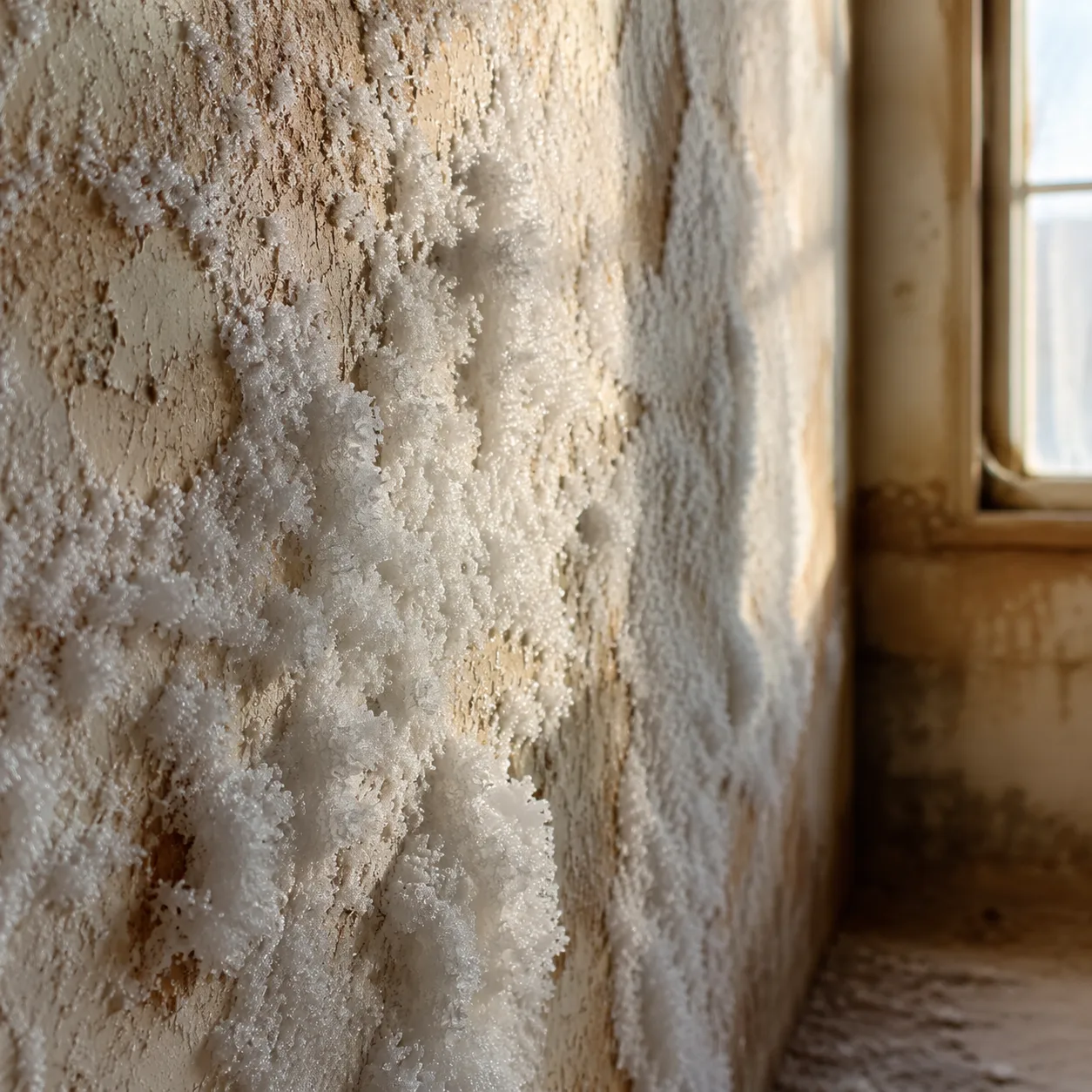 Close-up d'efflorescences blanches cristallines de salpêtre sur un vieux mur en plâtre, avec peinture qui se craquelle et se soulève autour