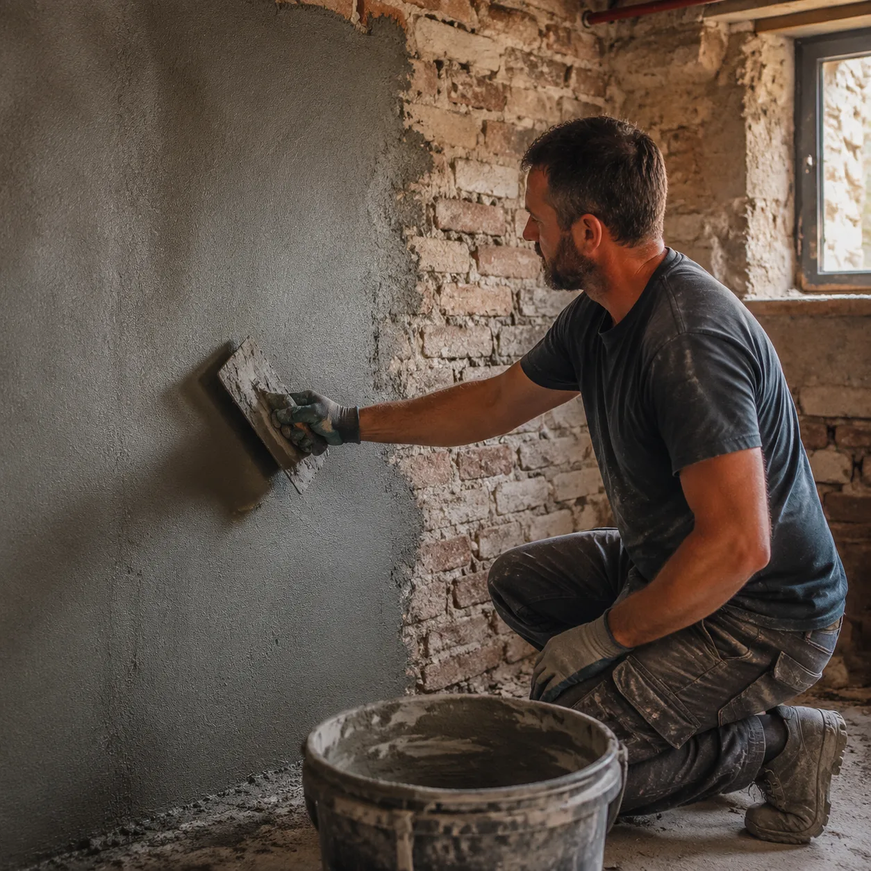 Application au platoir d'un enduit de cuvelage gris sur un mur de cave en briques, technique d'imperméabilisation intérieure