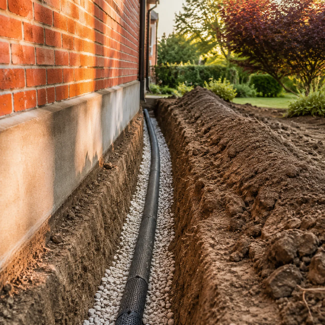 Tranchée de drainage périphérique fraîchement creusée le long des fondations d'une maison bruxelloise, drain noir perforé posé dans du gravier blanc