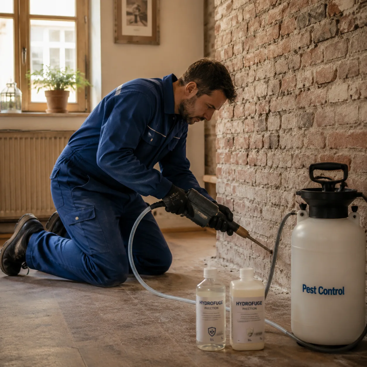 Technicien en combinaison bleue injectant un produit hydrofuge dans le bas d'un mur de brique avec une perceuse et un kit d'injection